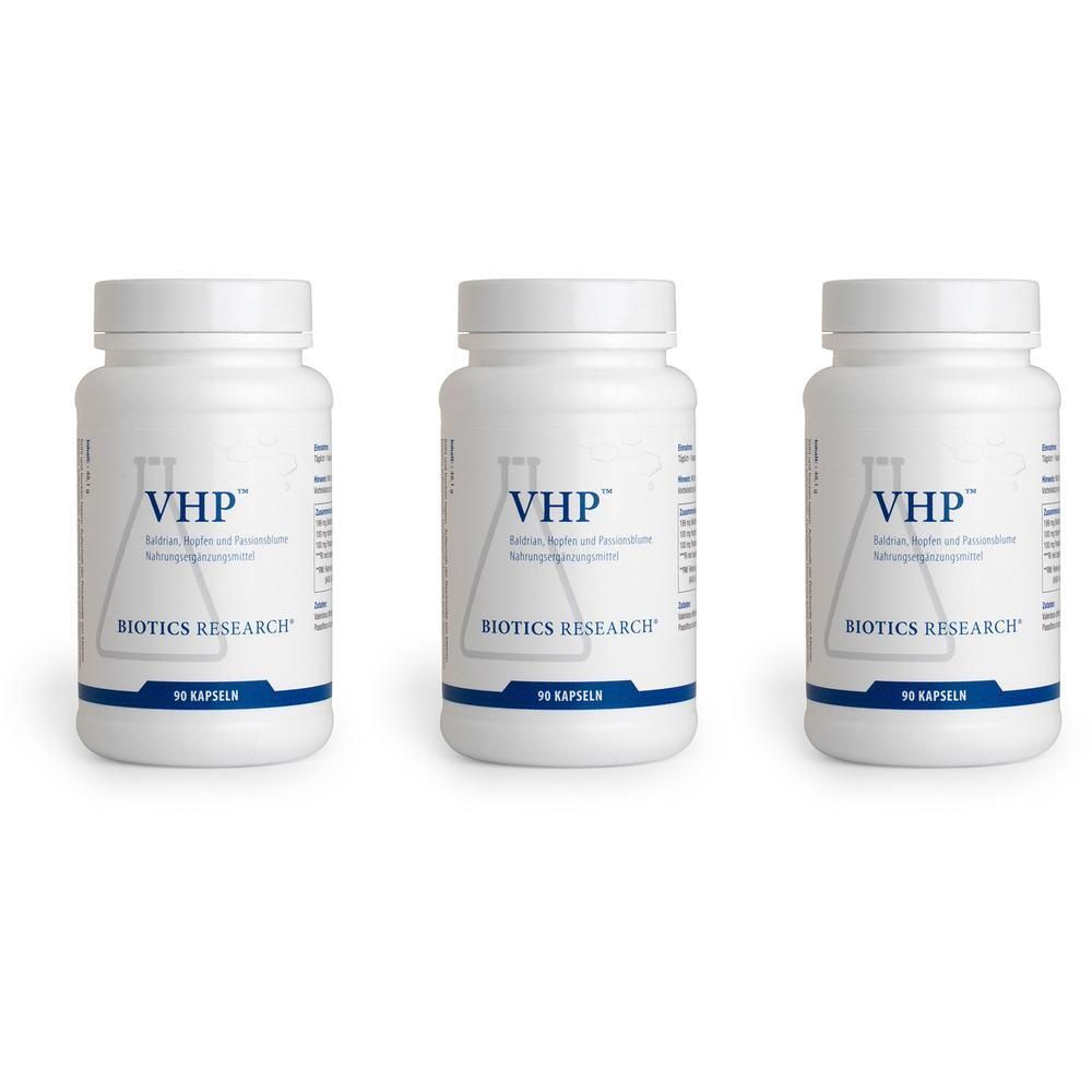 Drei weiße Flaschen mit VHP™-Etikett und dem Logo von Biotics Research. Jede Flasche enthält 90 Kapseln.