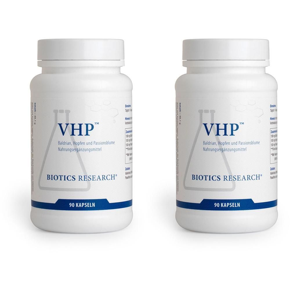 Zwei weiße Flaschen mit VHP™ Nahrungsergänzungsmittel von BIOTICS RESEARCH®. Jede Flasche enthält 90 Kapseln.