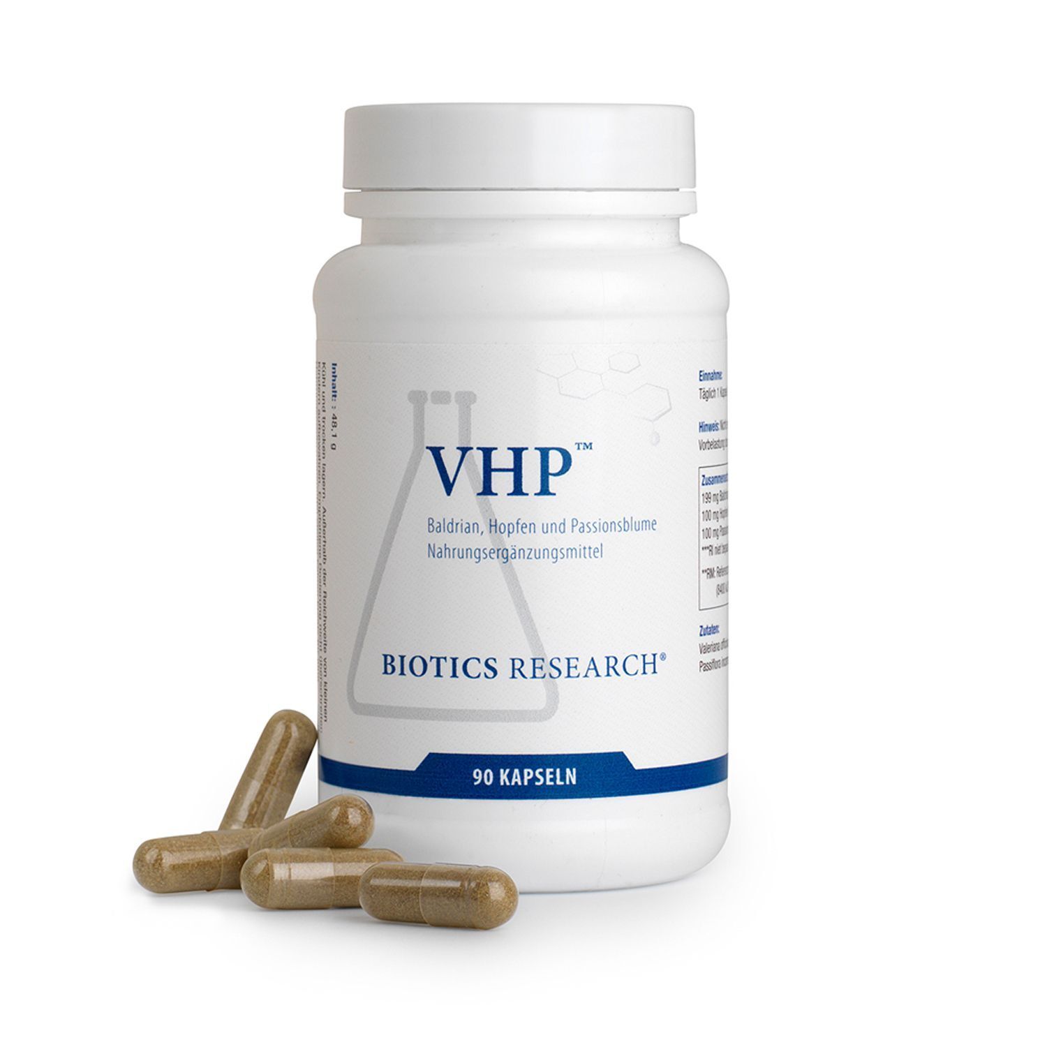 Eine weiße Flasche mit VHP™ Nahrungsergänzungsmittel von BIOTICS RESEARCH® und drei Kapseln davor.