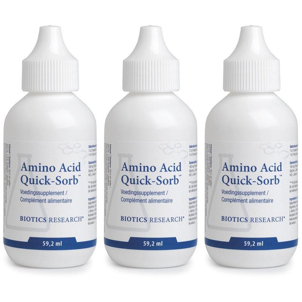 Drei weiße Tropfflaschen mit Amino Acid Quick-Sorb von BIOTICS RESEARCH, je 59,2 ml.