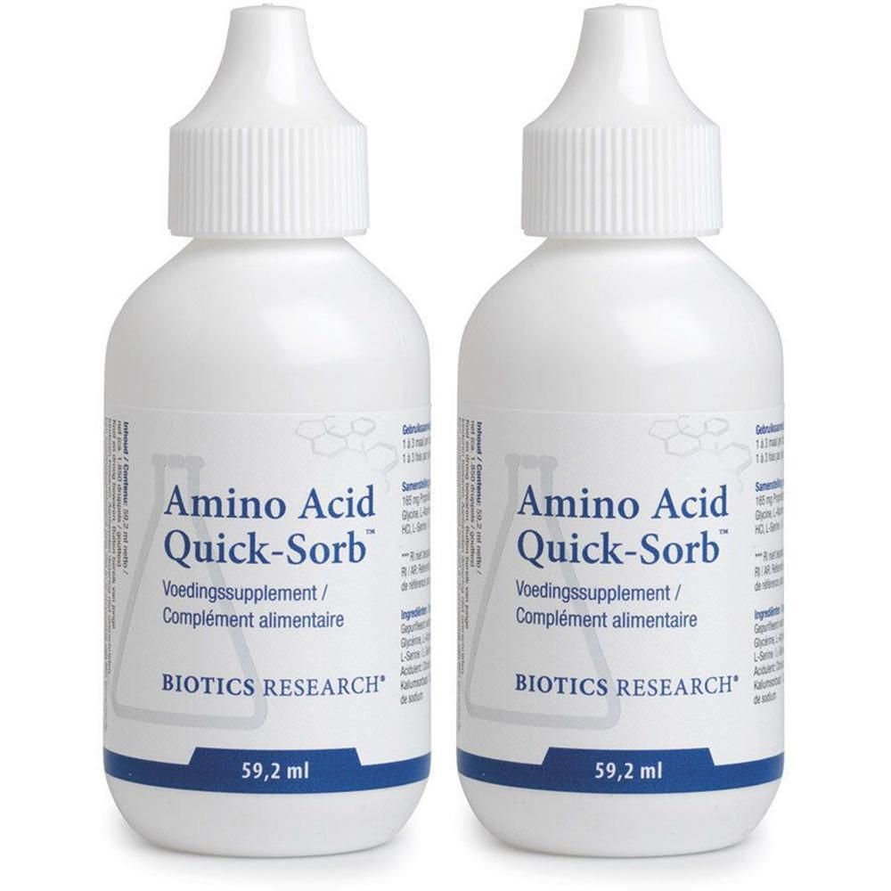 Zwei weiße Tropfflaschen mit Amino Acid Quick-Sorb, 59,2 ml.