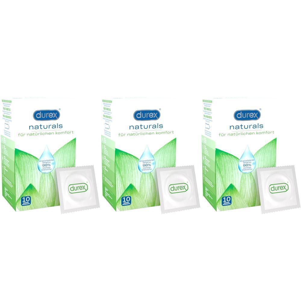 Drei Packungen Durex Naturals Kondome, jeweils mit 10 einzeln verpackten Kondomen.