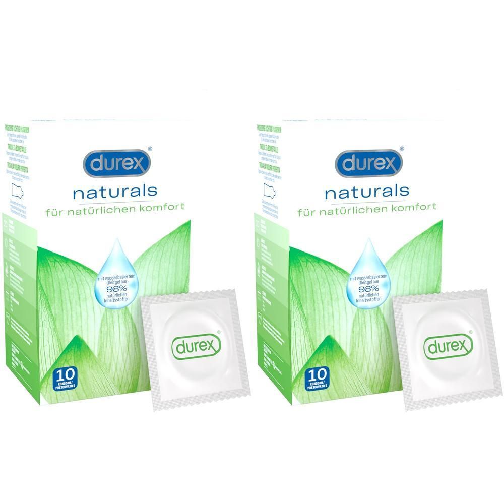 Zwei Packungen Durex Naturals Kondome, je 10 Stück. Einzeln verpackt.