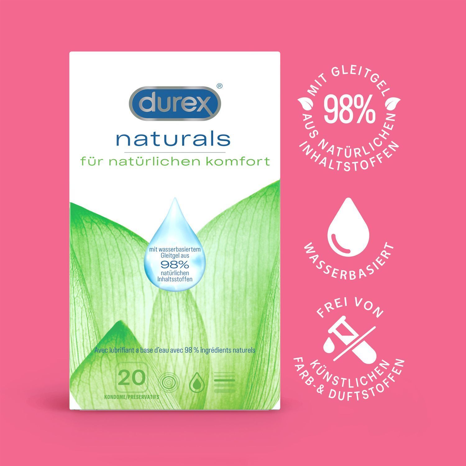 Packung Durex Naturals Kondome (20 Stück). Mit 98% Gleitmittel auf Wasserbasis.