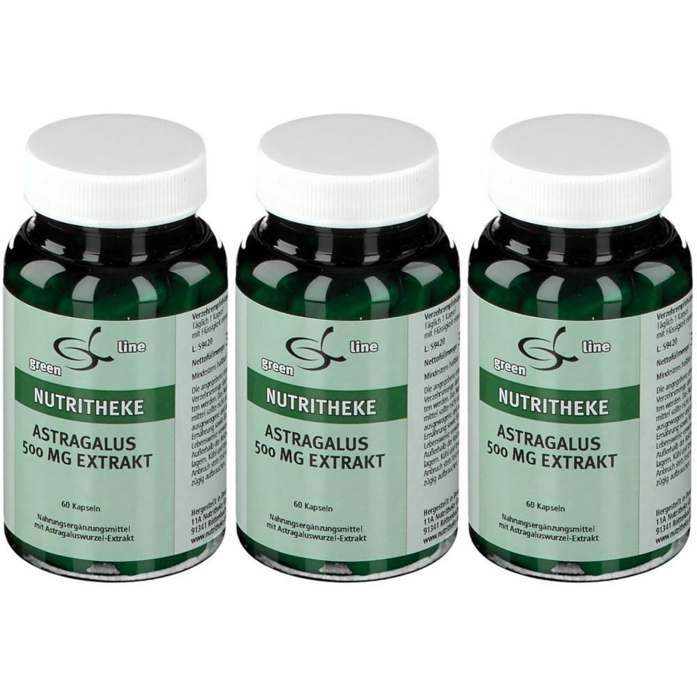 Drei Flaschen Green Line NUTRITHEKE ASTRAGALUS 500 mg Extrakt mit weißen Schraubverschlüssen.