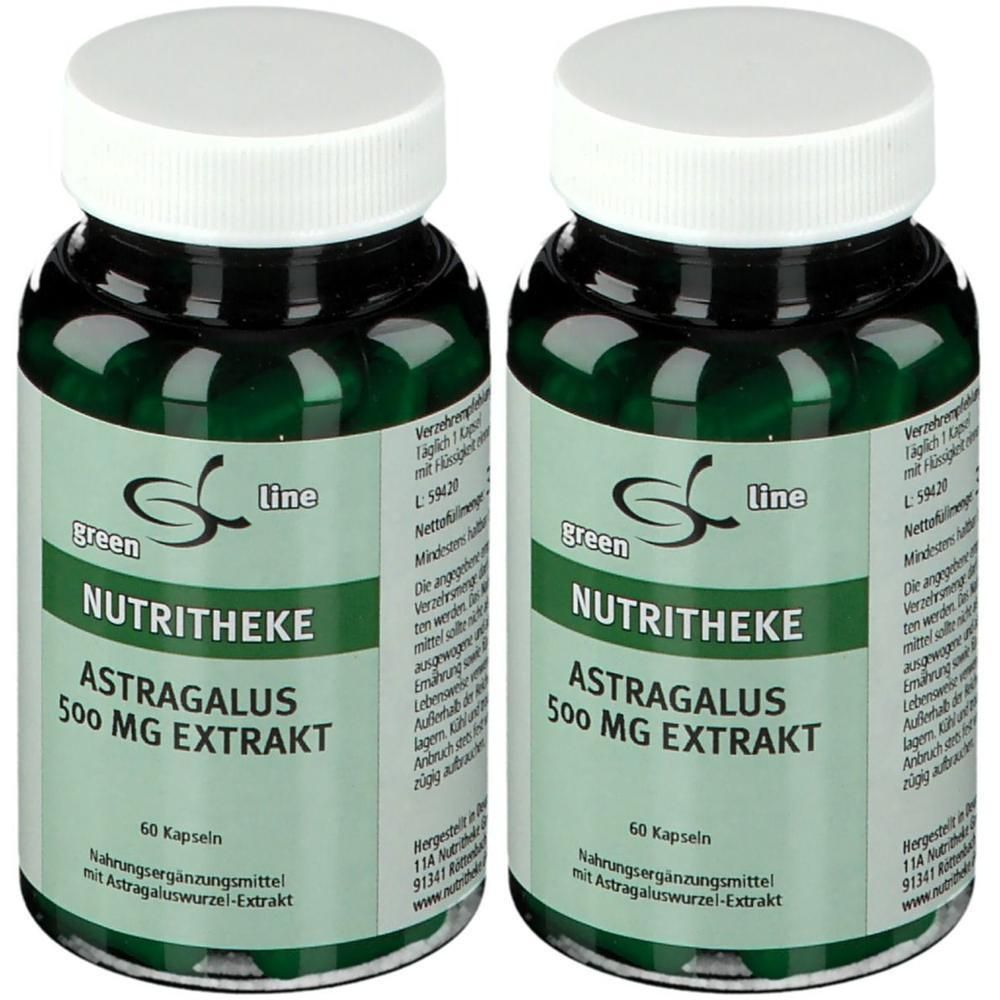 Zwei grüne Flaschen mit Kapseln, "green line NUTRITHEKE ASTRAGALUS 500 mg EXTRAKT" Aufschrift.