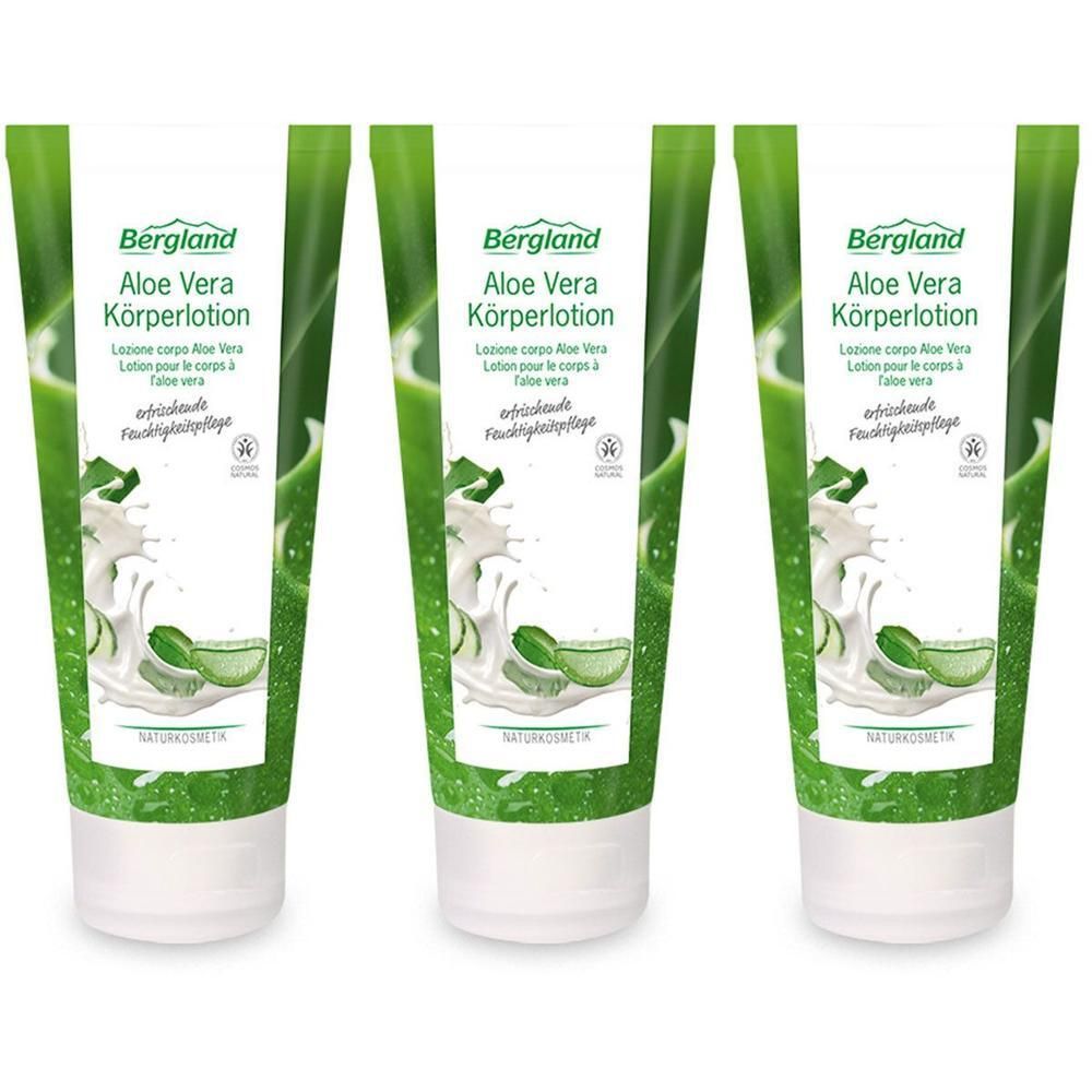 Drei Tuben Bergland Aloe Vera Körperlotion mit Aloe Vera und Milch-Abbildung.