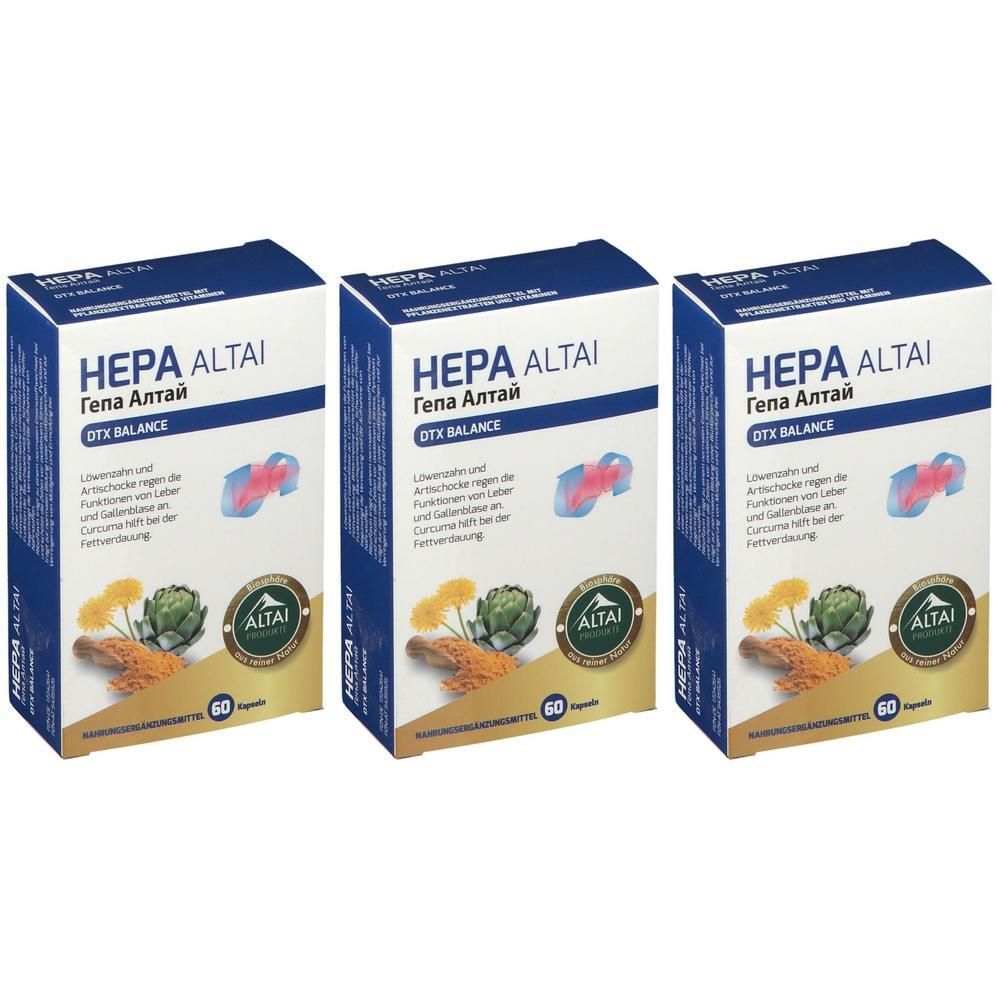 Drei Packungen HEPA ALTAI DTX BALANCE mit je 60 Kapseln. Abgebildet sind Artischocke und Löwenzahn.