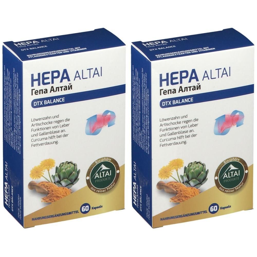 Zwei Packungen HEPA ALTAI DTX BALANCE Kapseln mit Abbildungen von Leber, Galle, Löwenzahn und Artischocke.