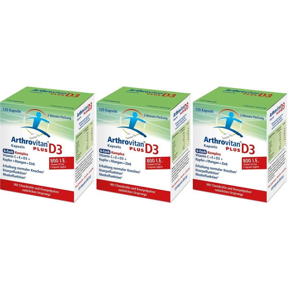 Drei Schachteln Arthrovitan D3 Plus, 120 Kapseln pro Schachtel. Grüne und rote Verpackung mit Produktinformationen.