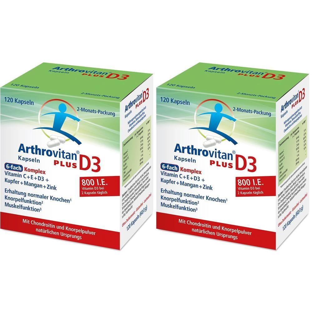 Zwei Packungen Arthrovitan® D3 Plus Kapseln, 120 Stück pro Packung. Enthält Vitamin C, E, D3, Kupfer, Mangan, Zink.