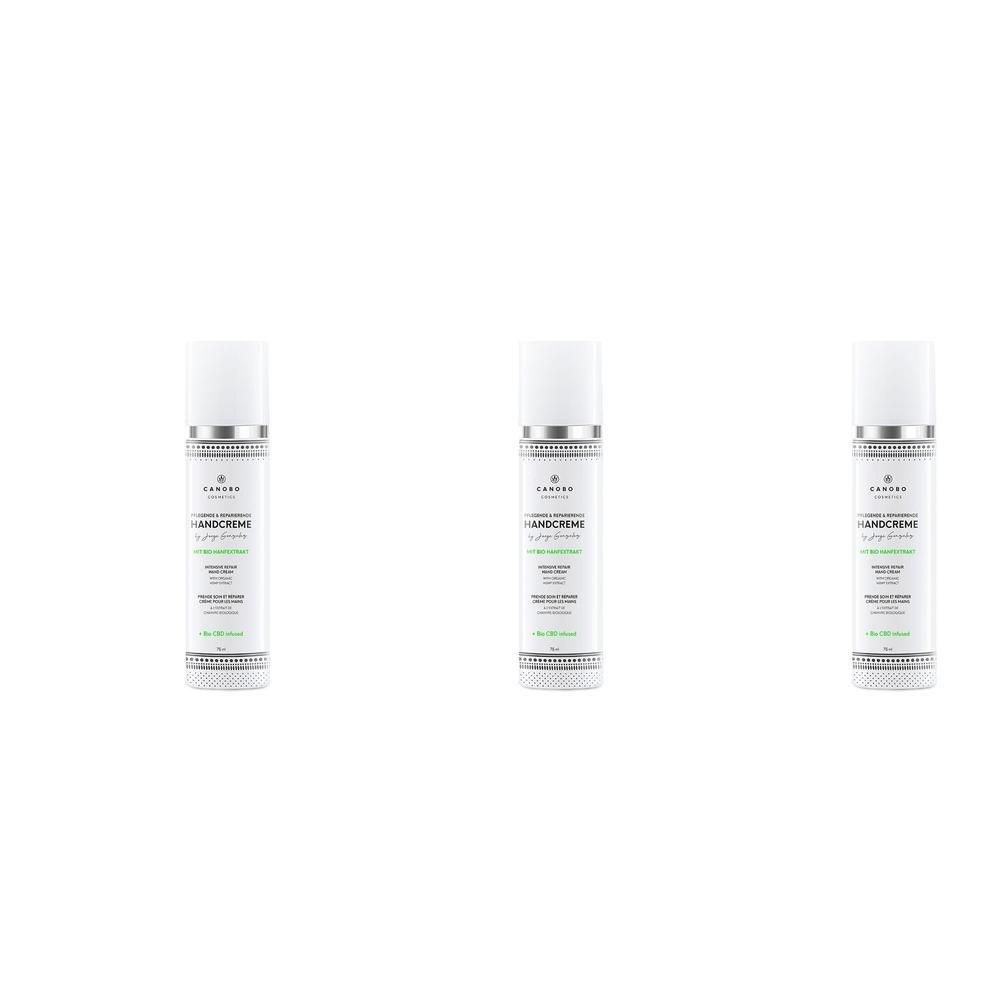 Drei weiße Flaschen mit silbernen Akzenten, beschriftet mit CANOBO CBD Handcreme.