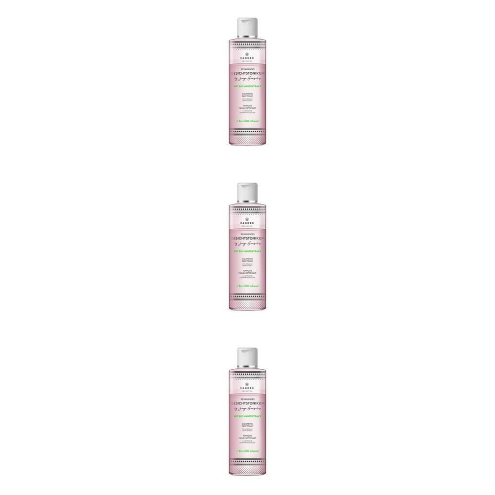 Drei Flaschen CANOBO CBD Gesichtstonikum mit Bio Hanfextrakt. Rosa Flaschen mit weißem Verschluss und Etikett.