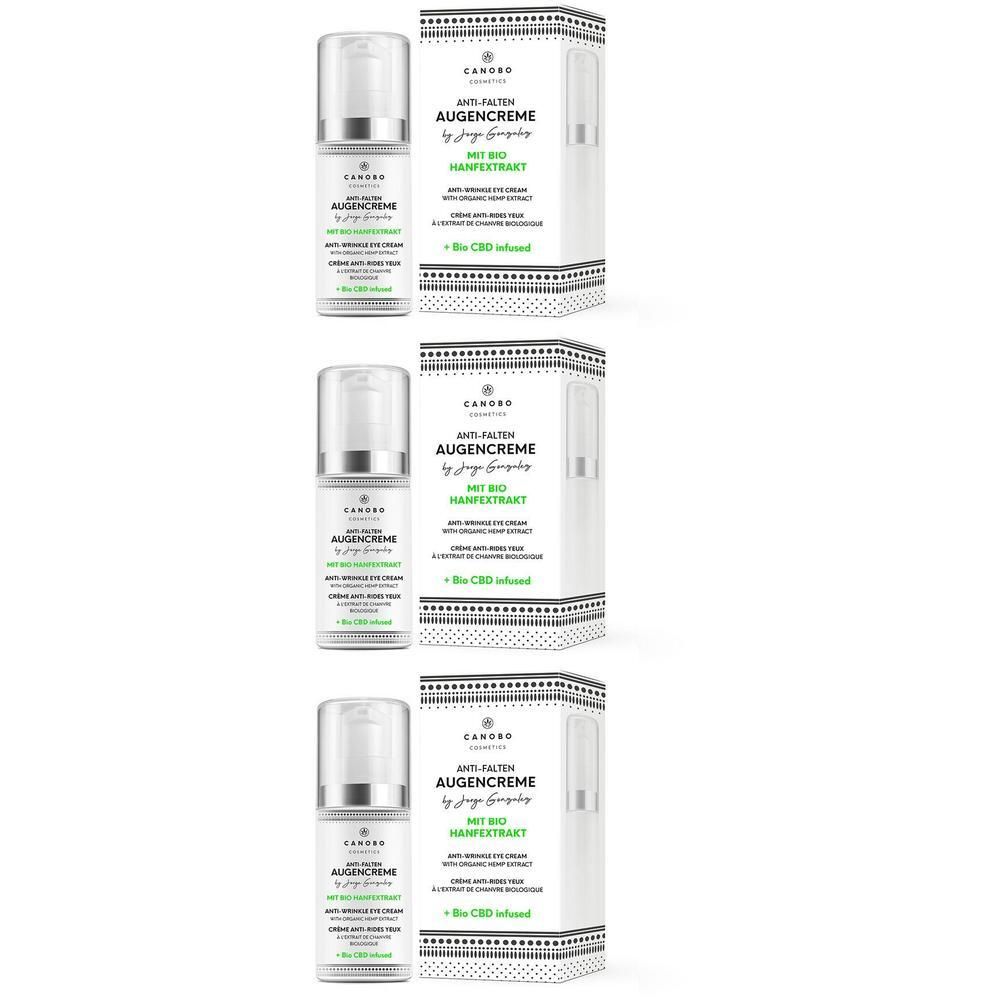 Drei Flaschen CANOBO Anti-Falten Augencreme mit Bio Hanfextrakt und Beipackzettel.