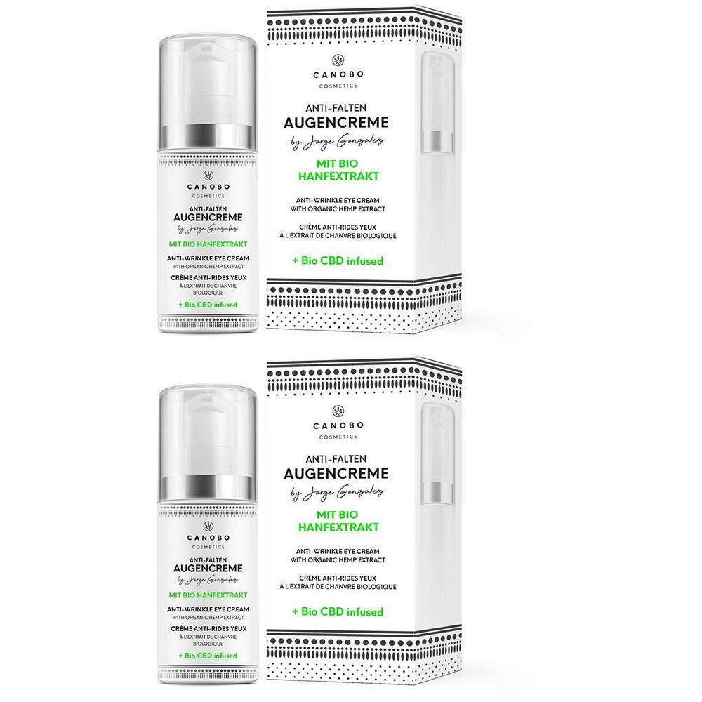 Zwei Flaschen CANOBO Anti-Falten Augencreme mit Bio Hanfextrakt und CBD, daneben die Verpackung.