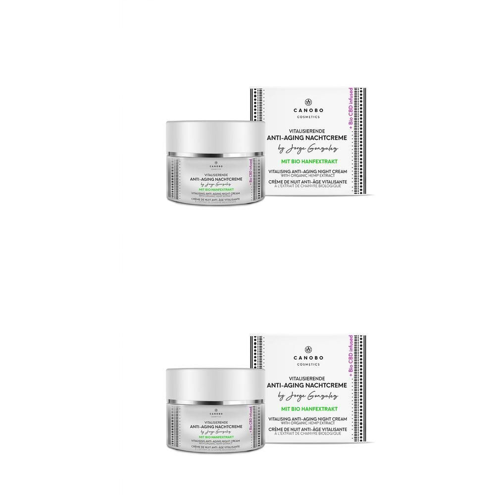 CANOBO Anti-Aging Nachtcreme mit Bio Hanfextrakt in einem Tiegel und Karton.