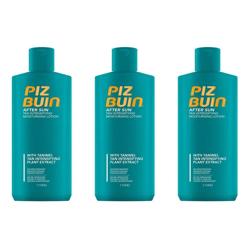 Drei Flaschen PIZ BUIN® AFTER SUN TAN INTENSIFIER Feuchtigkeitslotion mit Tanimidel.