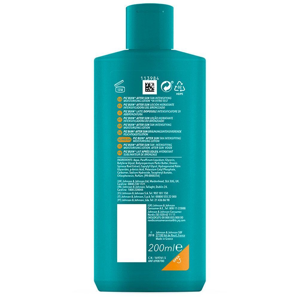 Rückseite einer türkisfarbenen PIZ BUIN® Flasche mit Produktinformationen und 200ml Angabe.