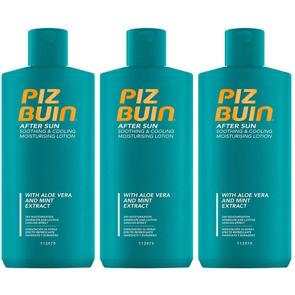 Drei PIZ BUIN® After Sun Lotion Flaschen in Türkis. Mit Aloe Vera und Minze Extrakt.