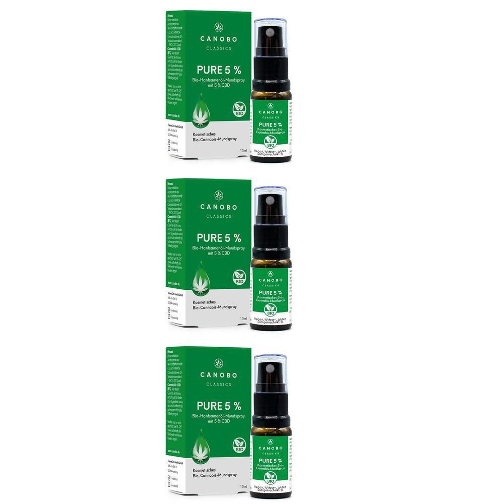 Drei Packungen CANOBO PURE 5% Bio CBD Mundspray nebeneinander, jeweils mit Flasche und Karton.