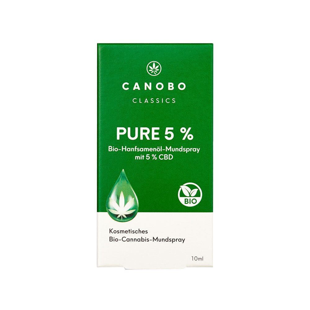 Kartonverpackung für CANOBO PURE 5% Bio CBD Mundspray mit Produktinformationen.