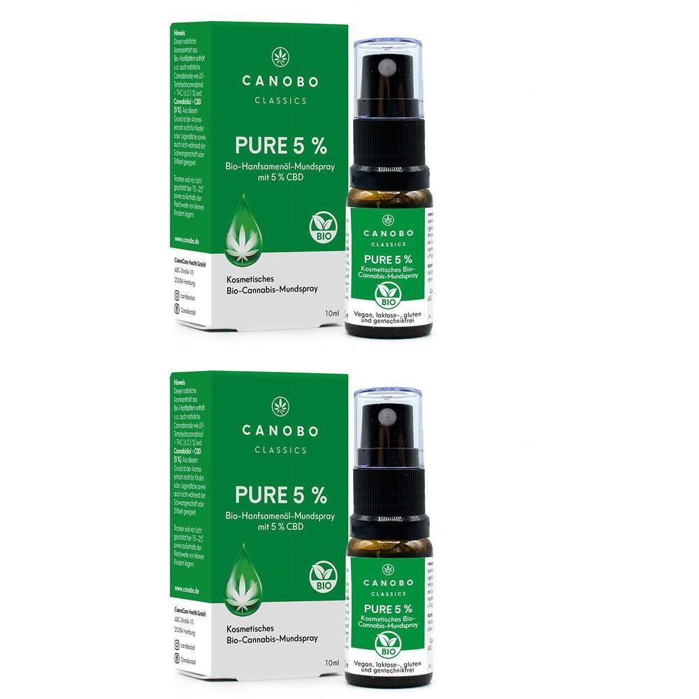 Zwei Flaschen CANOBO PURE 5% Bio CBD Mundspray mit Verpackung. Dunkelbraune Glasflaschen mit Sprühkopf.