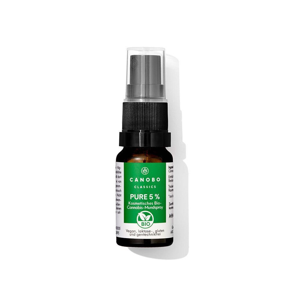 CANOBO PURE 5% Bio CBD Mundspray in dunkler Glasflasche mit schwarzem Sprühkopf und Etikett.