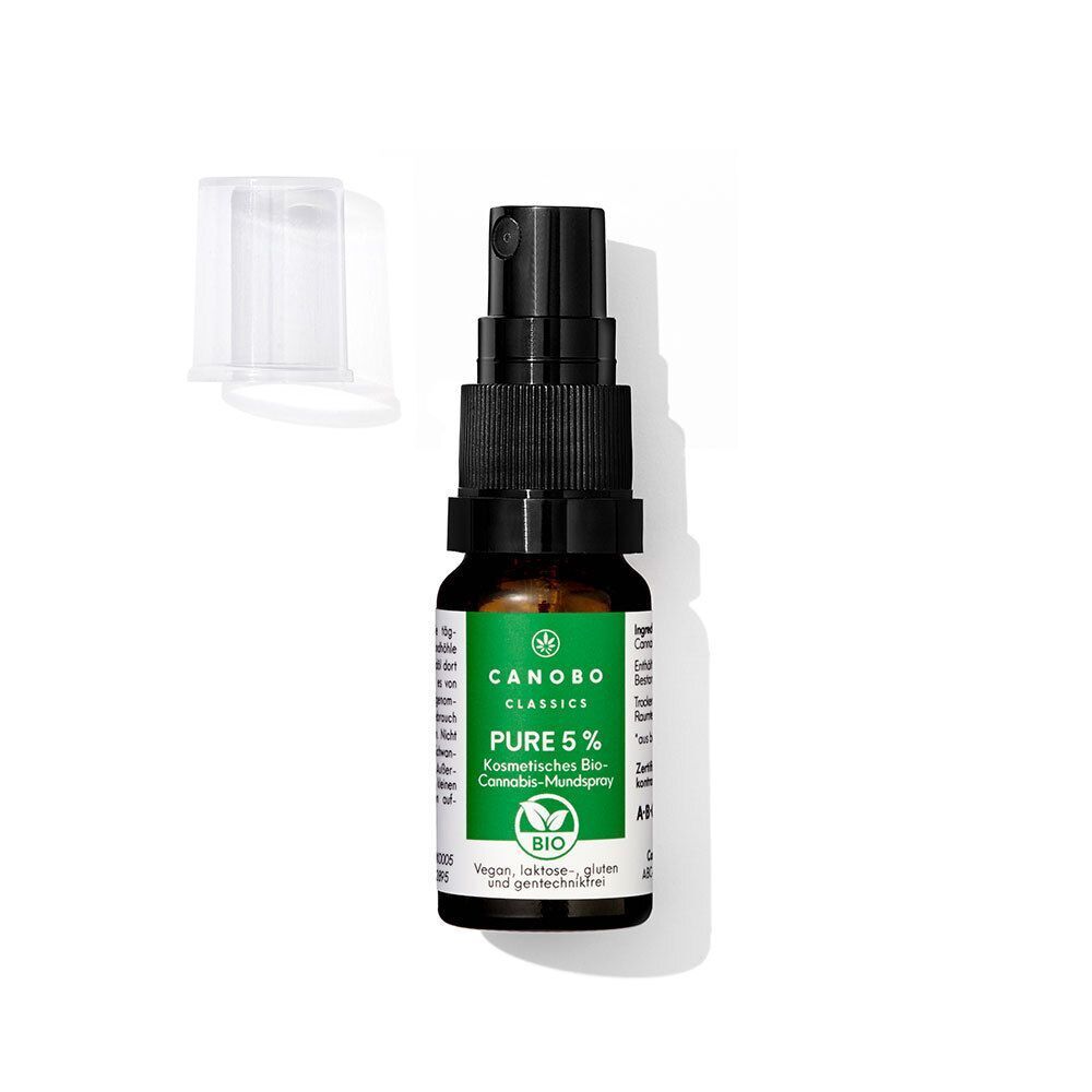 CANOBO PURE 5% Bio CBD Mundspray, Kappe neben der dunklen Glasflasche mit Sprühkopf.
