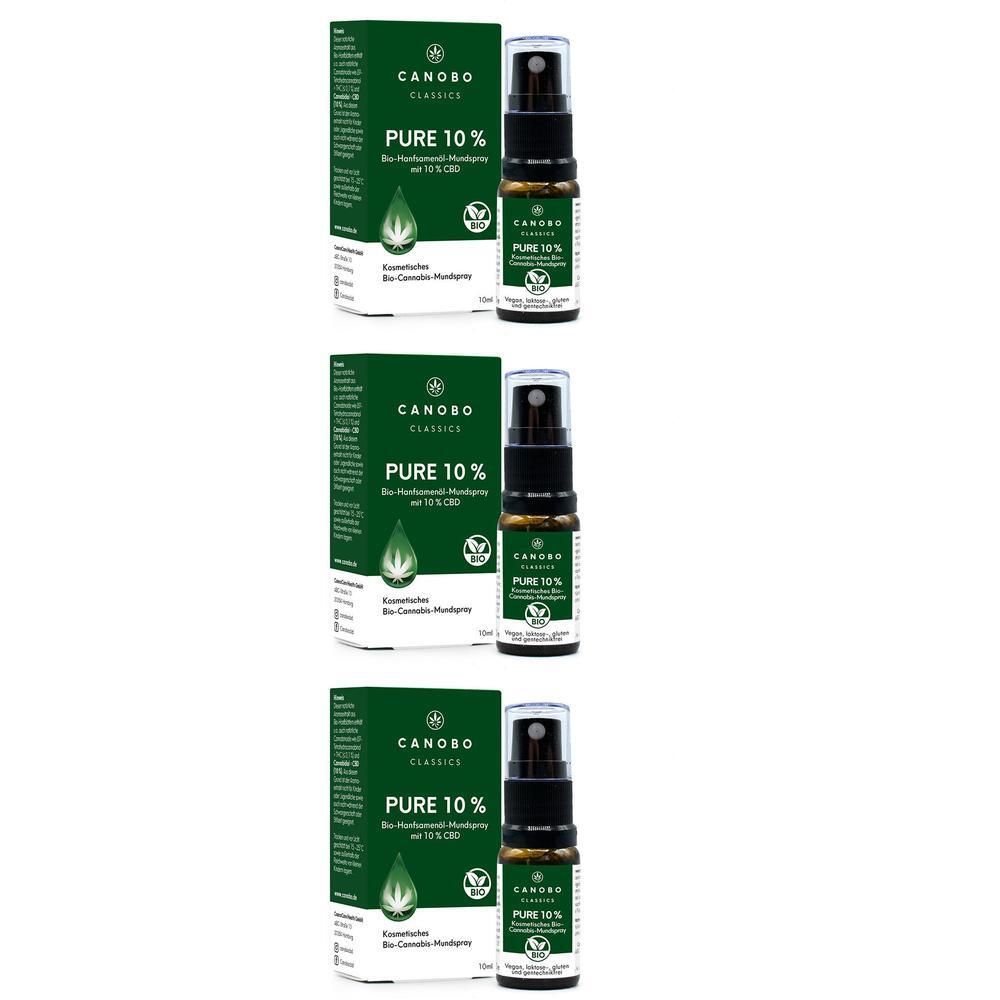 Drei Flaschen CANOBO PURE 10% Bio CBD Mundspray mit Verpackung.