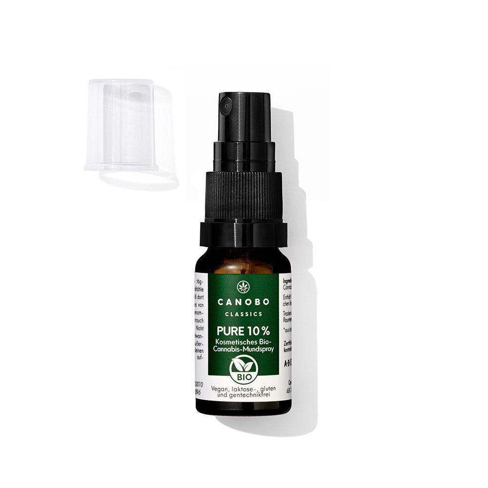CANOBO PURE 10% Bio CBD Mundspray Flasche mit geöffnetem Deckel.