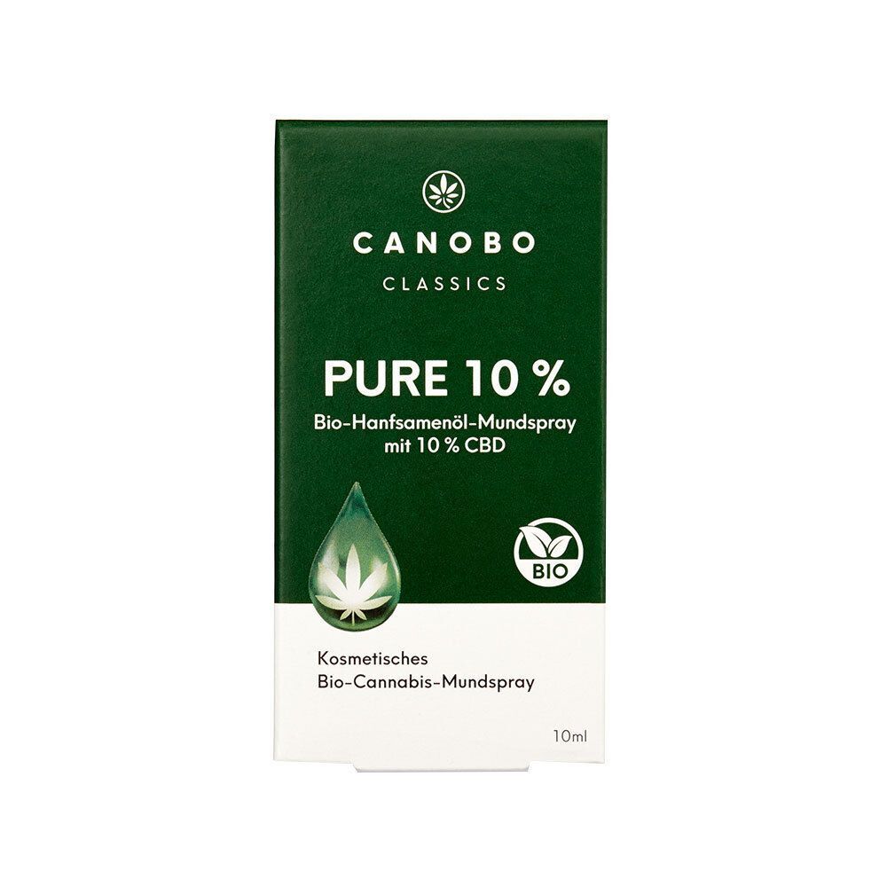Verpackung für CANOBO PURE 10% Bio CBD Mundspray, 10ml.