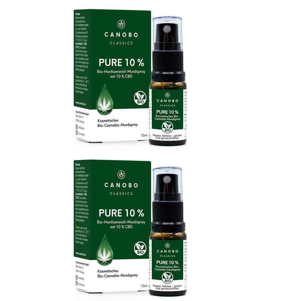 Zwei Flaschen CANOBO PURE 10% Bio CBD Mundspray mit Verpackung. Dunkelbraune Glasflaschen mit schwarzem Sprühkopf.