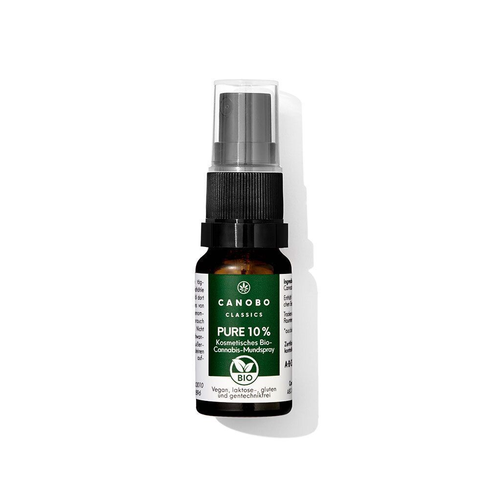 CANOBO PURE 10% Bio CBD Mundspray Flasche. Dunkelbraunes Glas mit schwarzem Sprühkopf und transparenter Kappe.