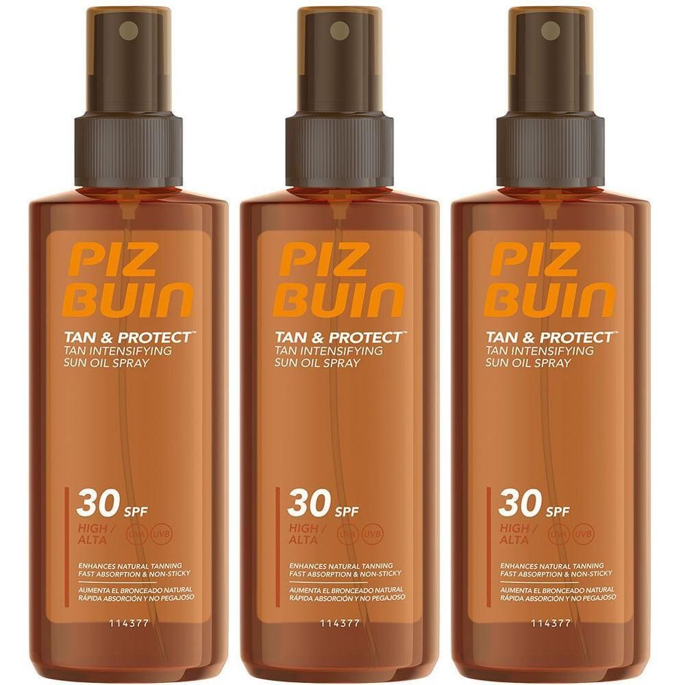 Drei Flaschen PIZ BUIN TAN & PROTECT LSF 30 Sonnenschutzöl-Spray.