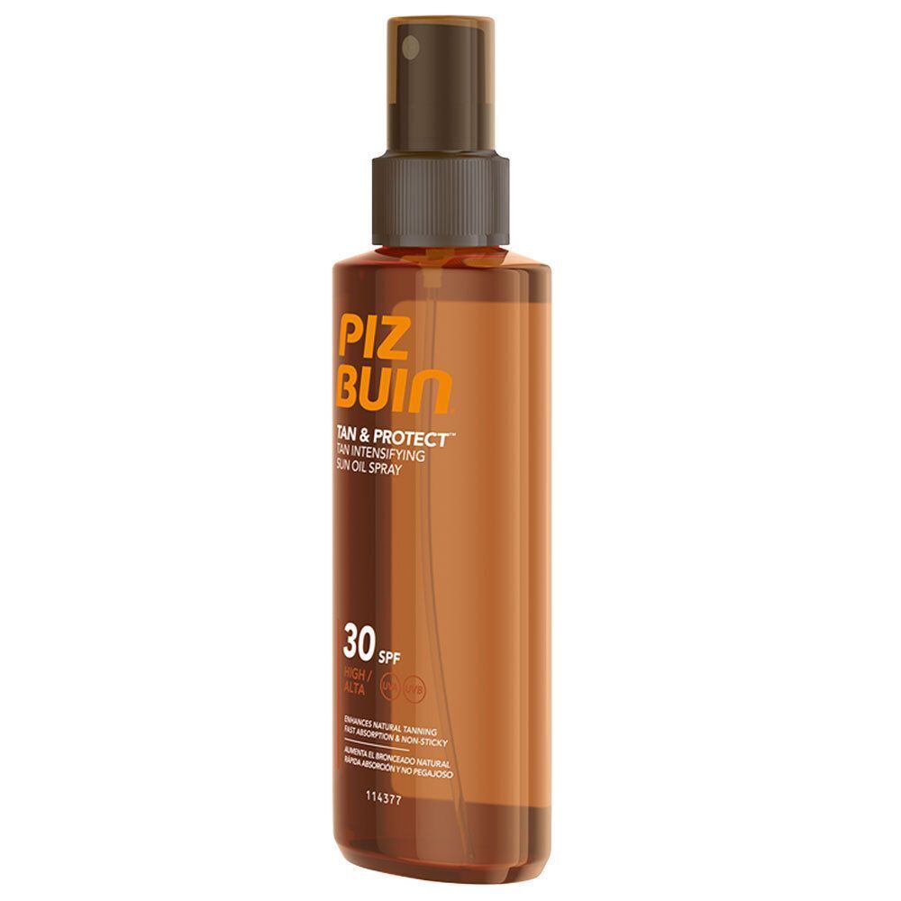 Eine Flasche PIZ BUIN TAN & PROTECT LSF 30 Sonnenschutzöl-Spray.