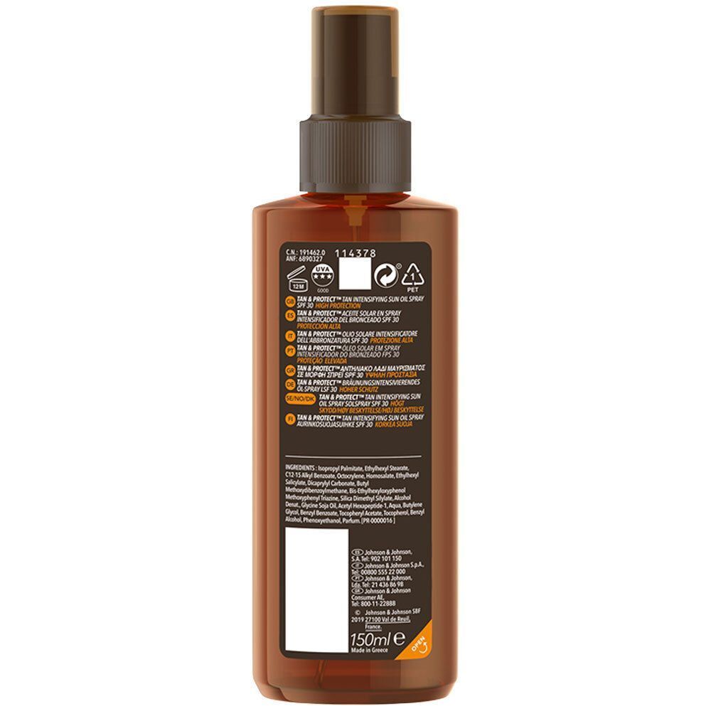 Rückseite einer Flasche PIZ BUIN TAN & PROTECT LSF 30 Sonnenschutzöl-Spray mit Inhaltsstoffen und 150ml Angabe.