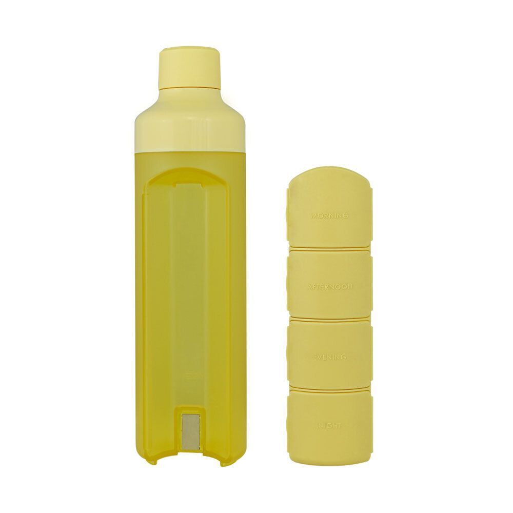 Gelbe Trinkflasche mit seitlichem Tabletten-Spender, der abnehmbar ist und 4 Tagesfächer hat.