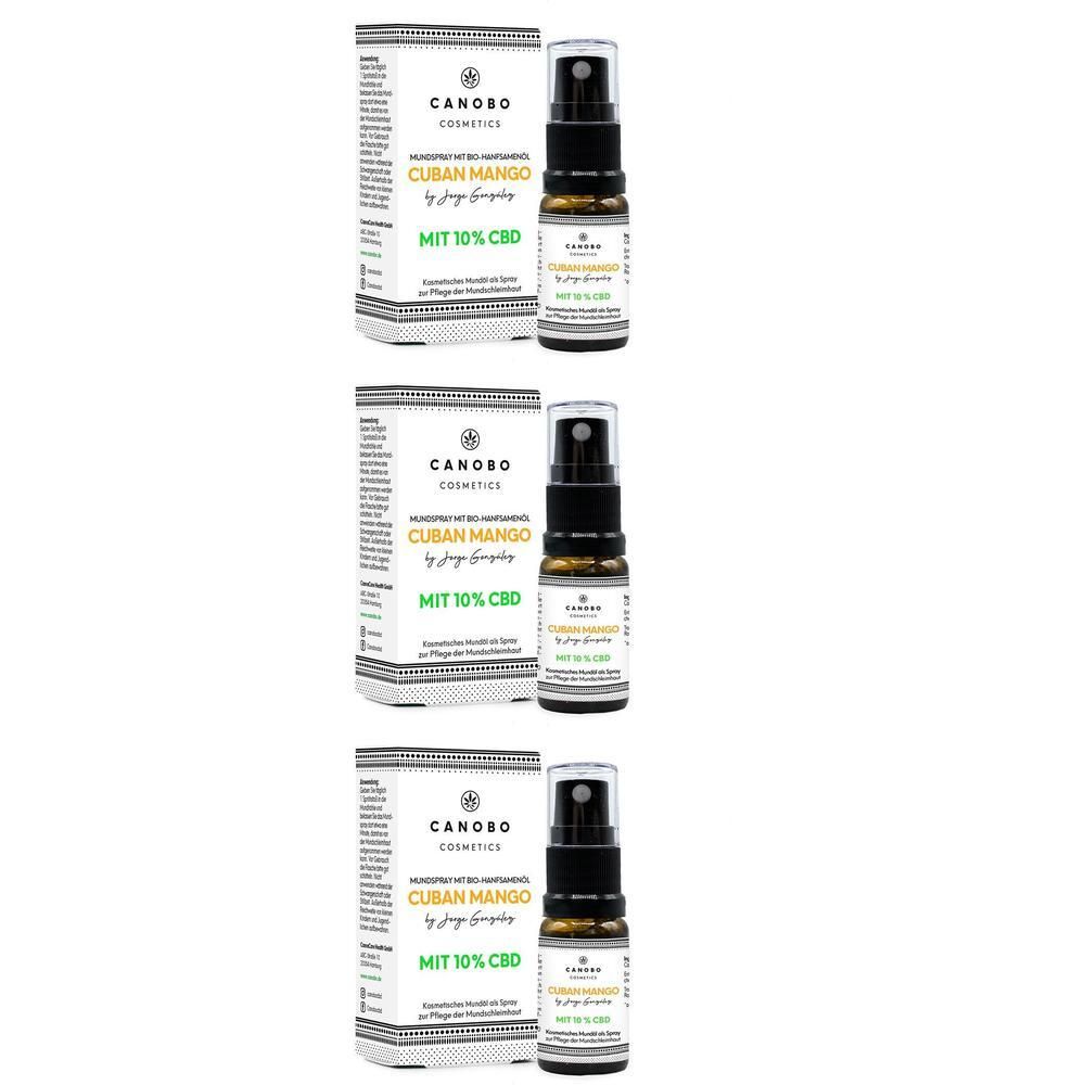 Drei Sprühflaschen mit je 10% CBD und Aufdruck 'Cuban Mango'.