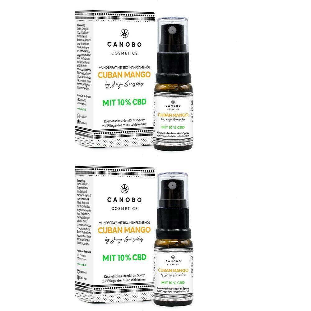 Zwei Flaschen Mundspray mit 10% CBD und Cuban Mango Geschmack, jeweils mit Verpackung.