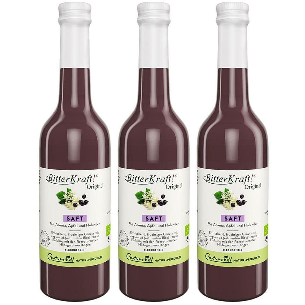 Drei Flaschen BitterKraft! Original Saft rot mit Aronia, Apfel und Holunder.
