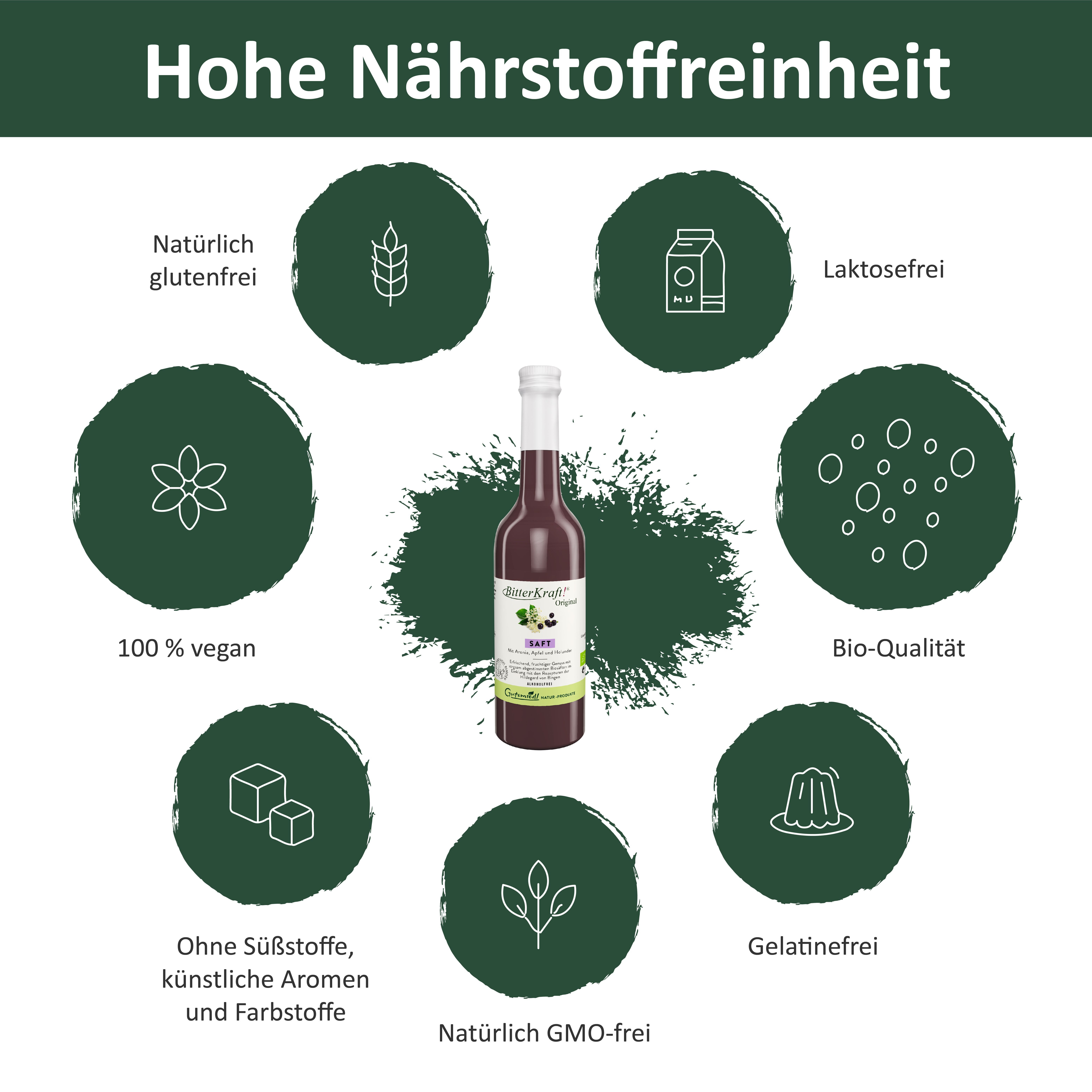 BitterKraft! Original ist glutenfrei, laktosefrei, vegan, bio, gelatinefrei und GMO-frei.