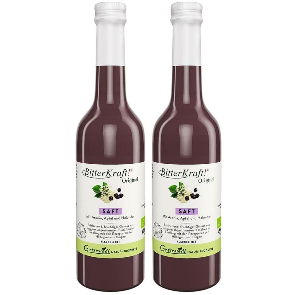 Zwei Flaschen BitterKraft!® Original Saft rot mit Etikett und weißem Verschluss.