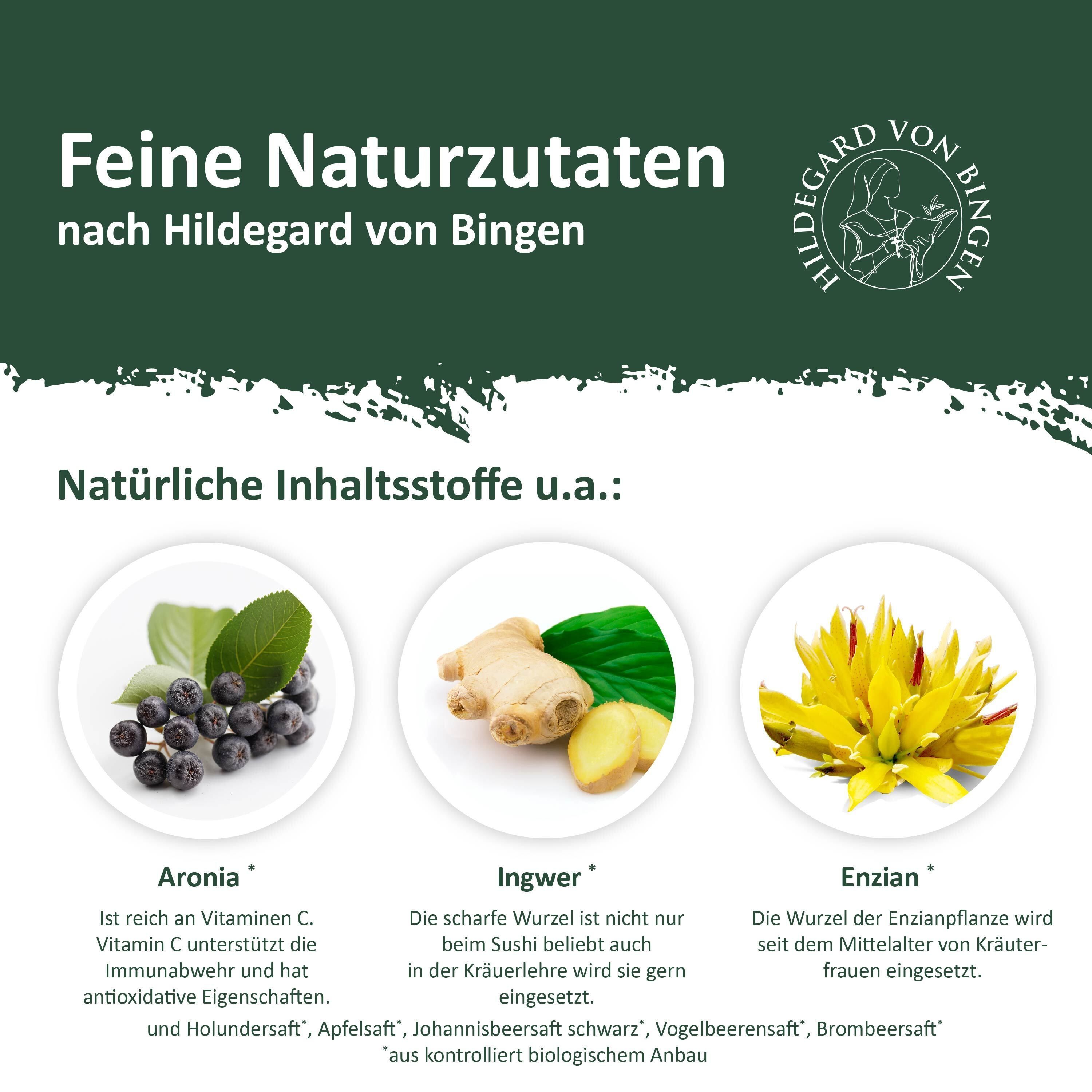 Feine Naturzutaten nach Hildegard von Bingen: Aronia, Ingwer und Enzian.