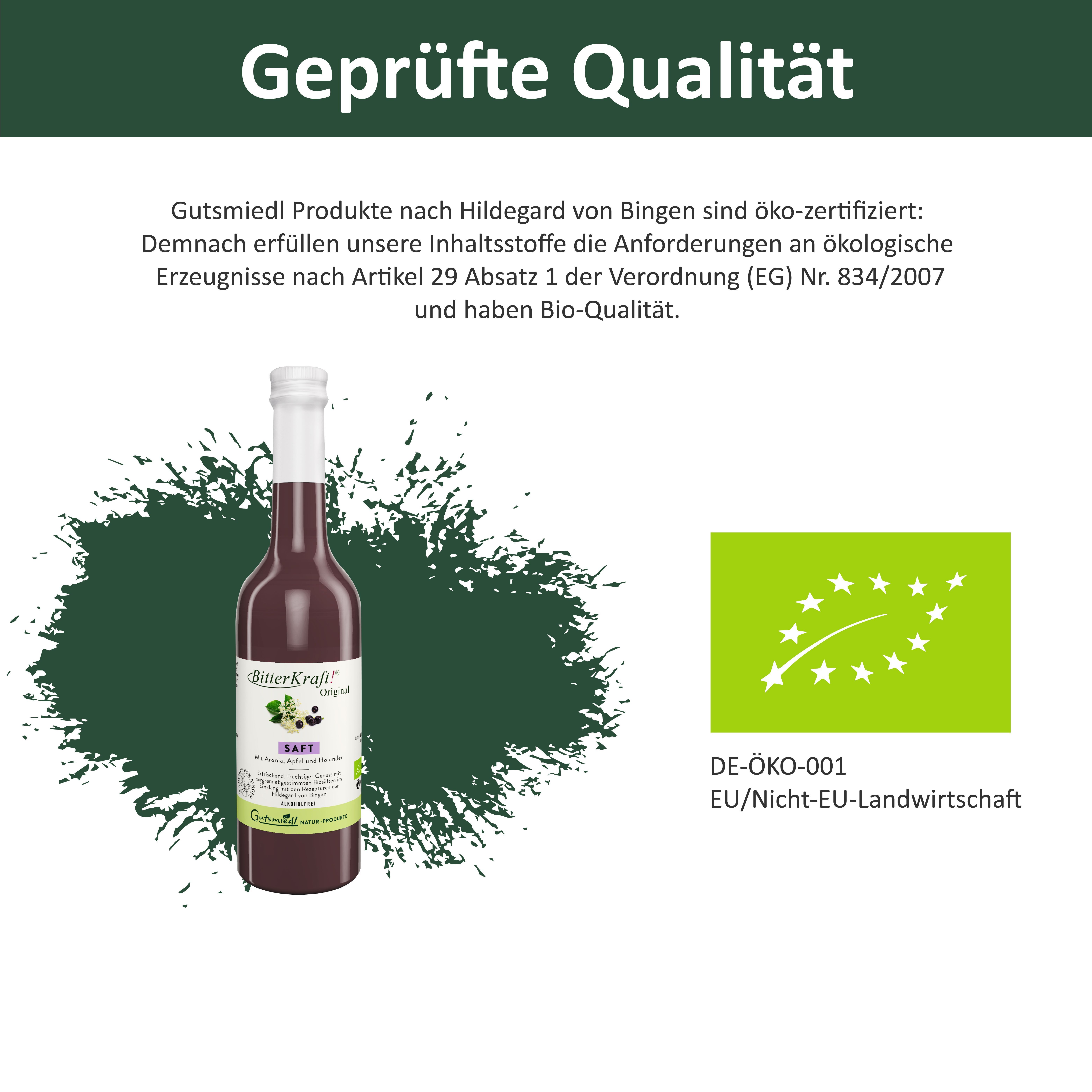 Flasche BitterKraft!® Original Saft rot neben Bio-Siegel und Text 'Geprüfte Qualität'.