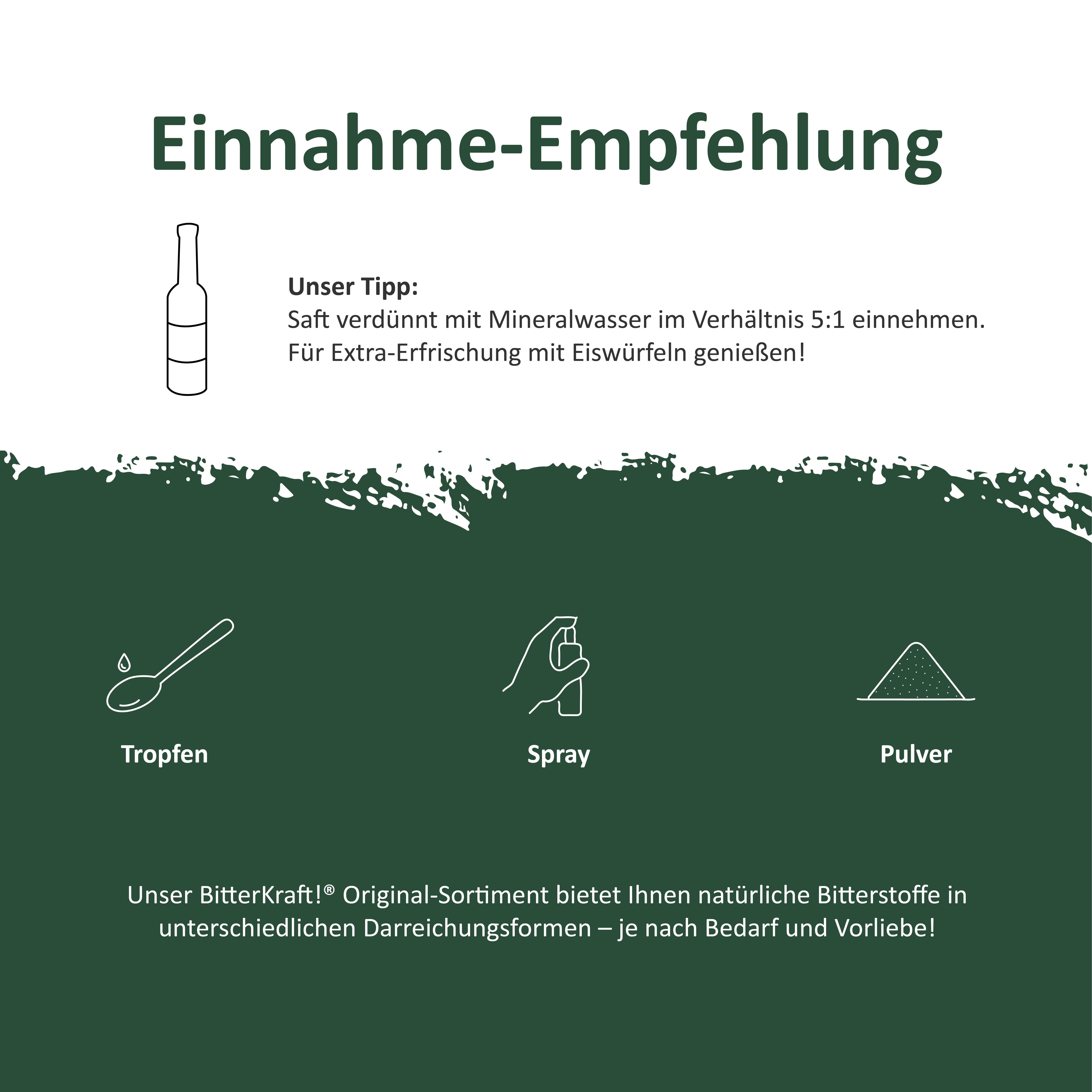 Einnahme-Empfehlung für BitterKraft!® Original: Tropfen, Spray, Pulver.
