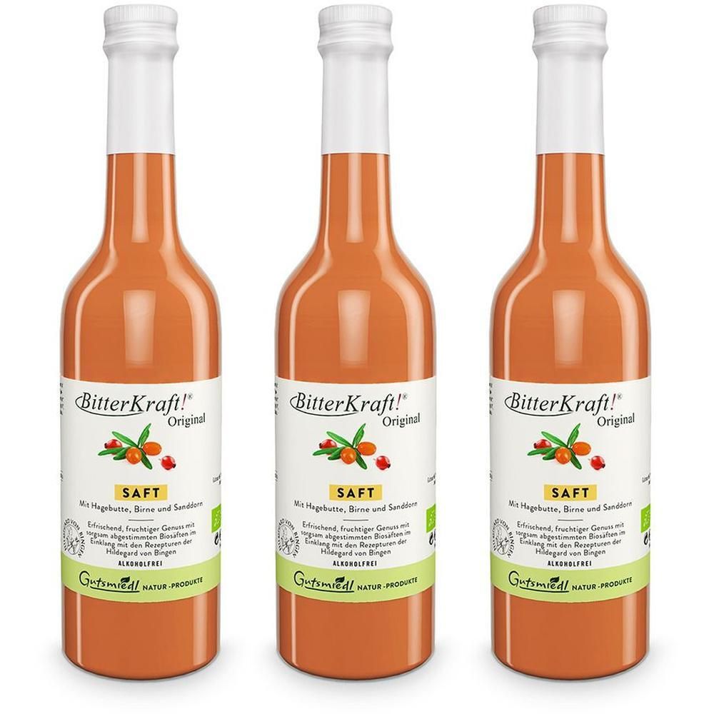 Drei Flaschen Bitterkraft!® Original Saft gelb nebeneinander.