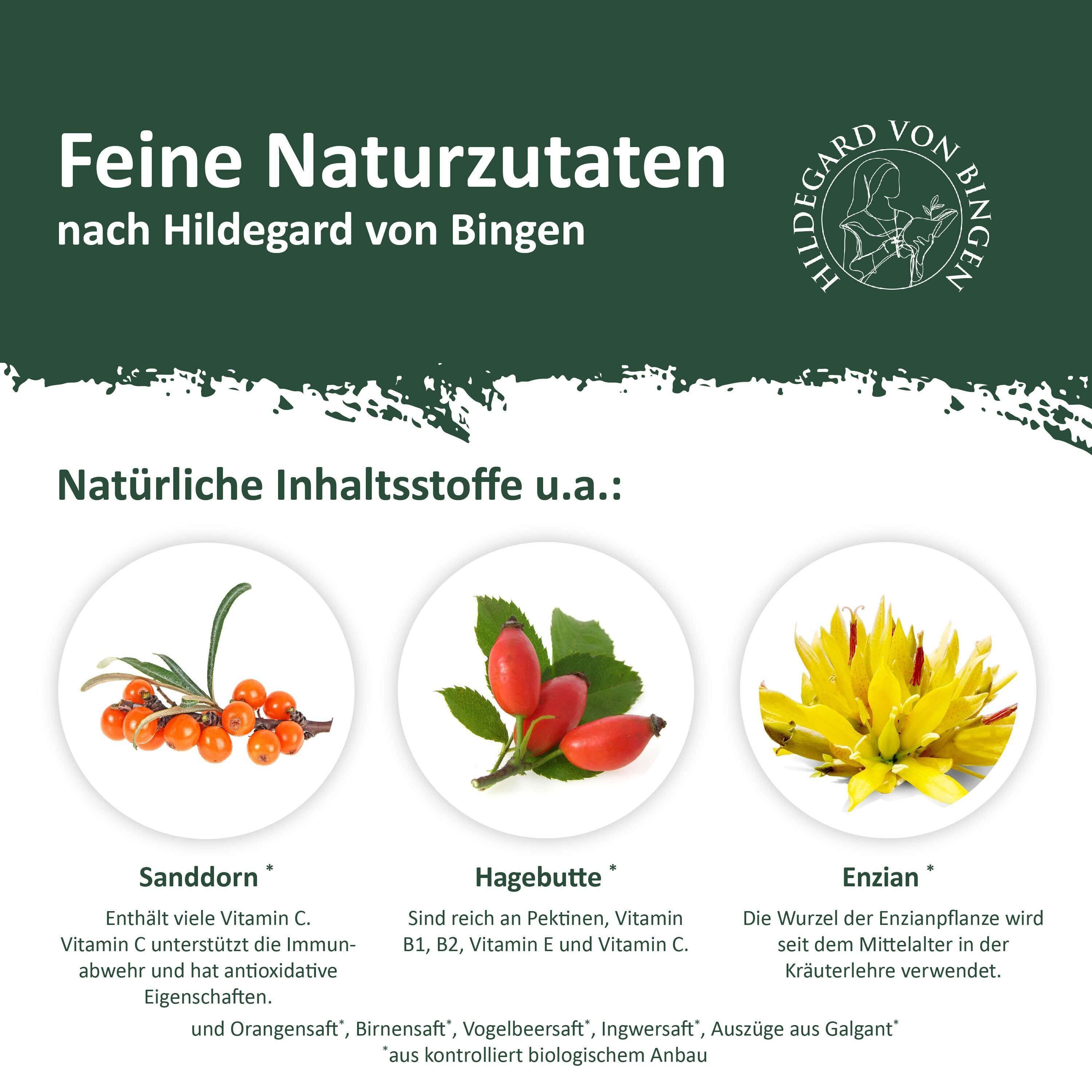 Sanddorn, Hagebutte und Enzian als natürliche Inhaltsstoffe.