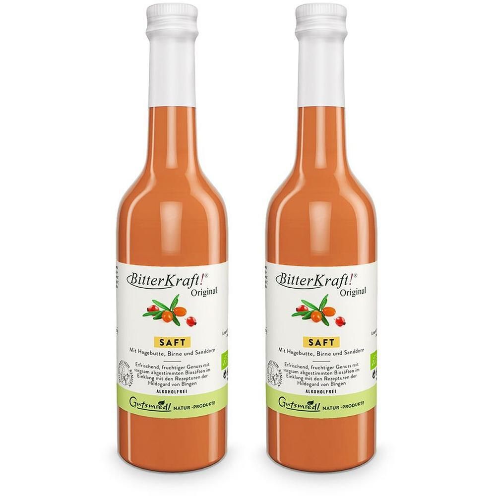 Zwei Glasflaschen BitterKraft!® Original Saft gelb mit weißen Verschlüssen und Etiketten.