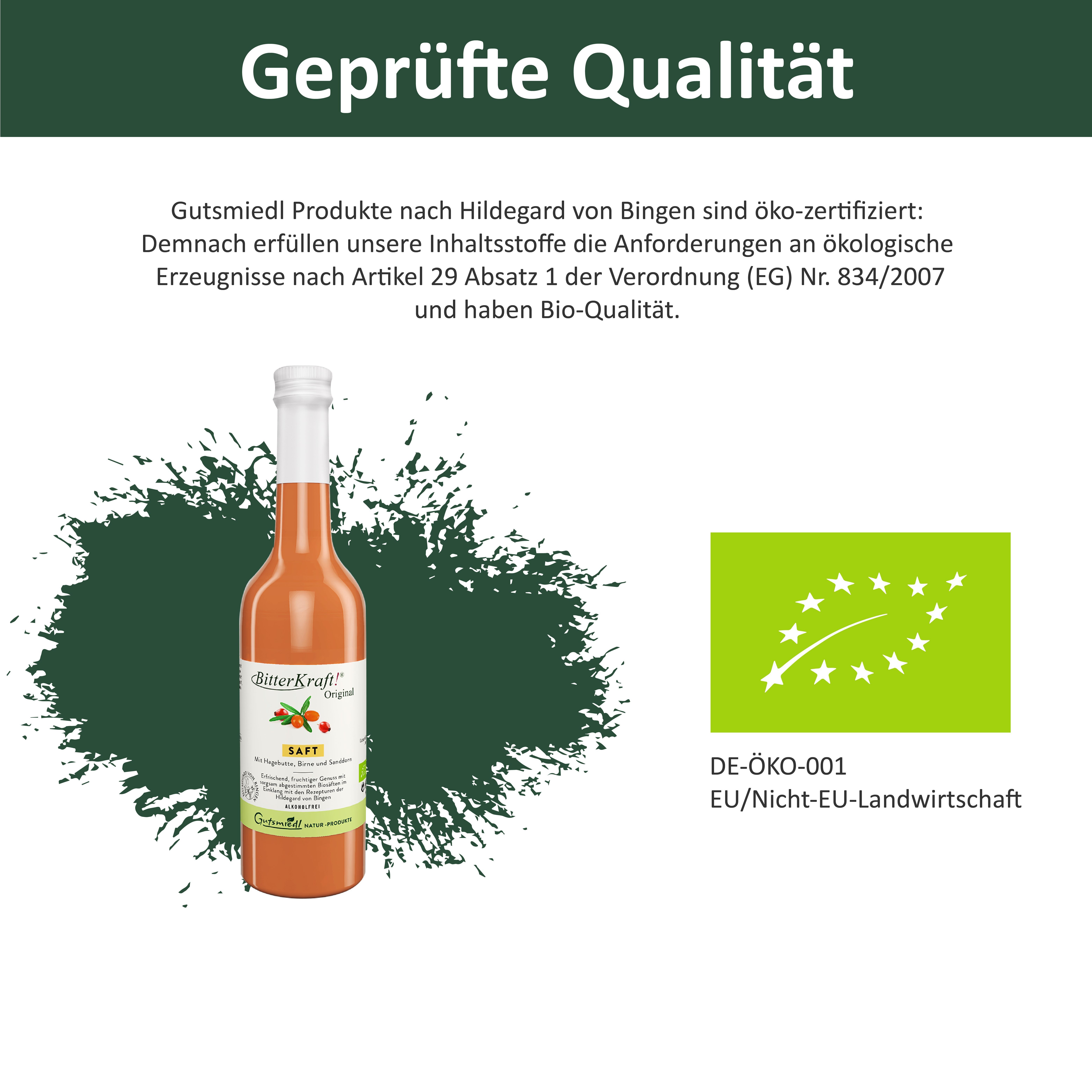 Geprüfte Qualität: BitterKraft!® Original Saftflasche und EU Bio-Siegel. Gutsmiendl Logo.