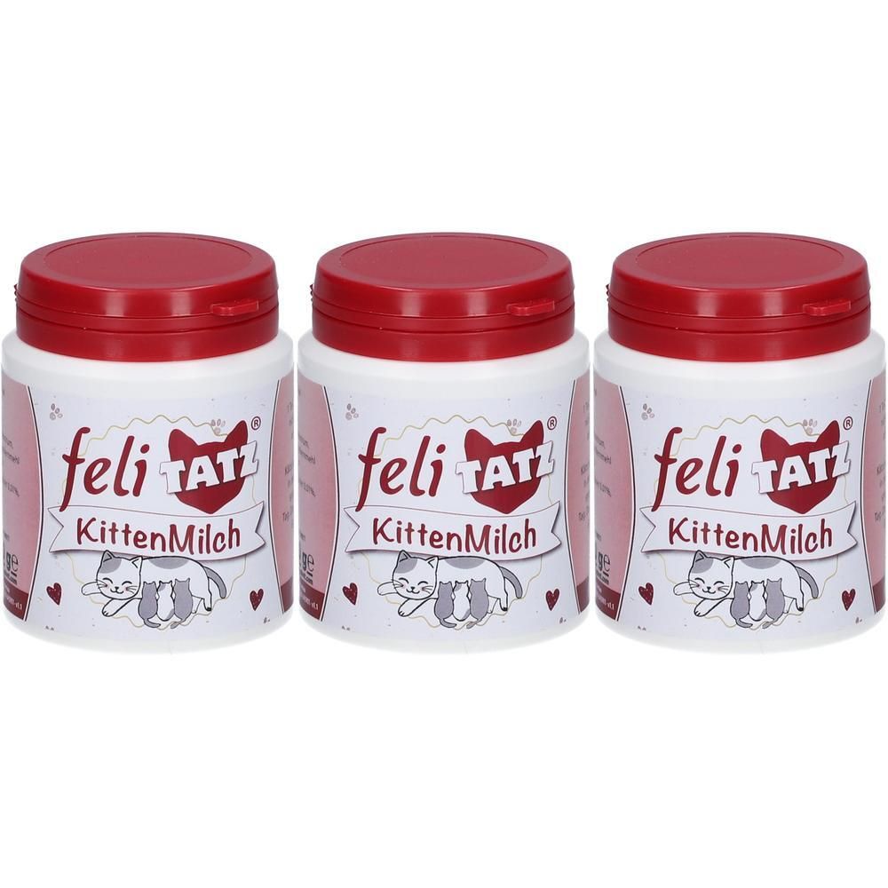 Drei Dosen feliTATZ Kittenmilch mit roten Deckeln und Katzenmotiv.